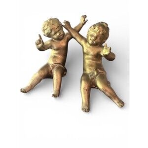 Vintage Gold Cherub Shelf Sitters Set of 2 Ornate Gilt Putti Statues 5.5”